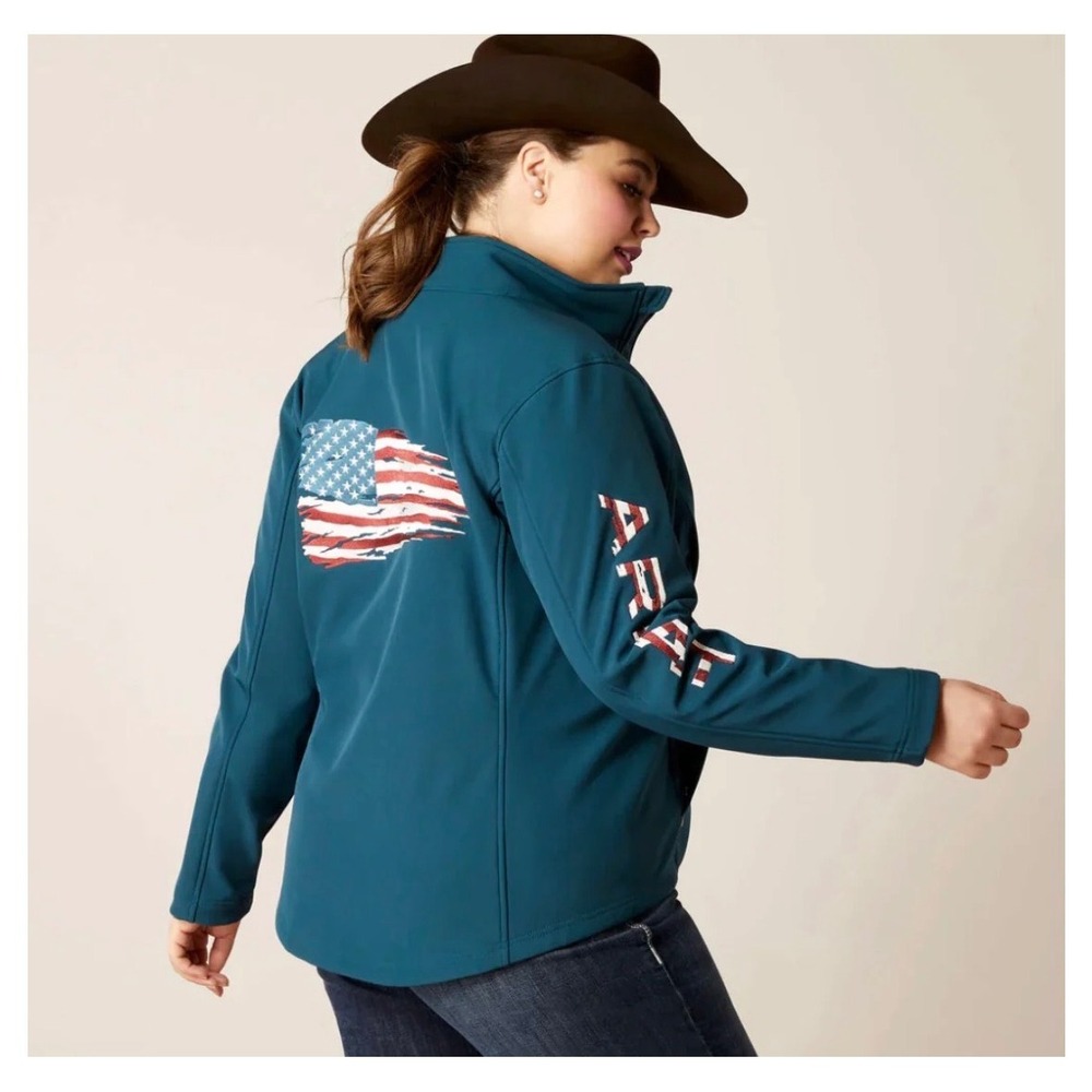 Ariat Women L Patriot Softshell Jacket Teal American Flag Concealed Carry NWOT‎